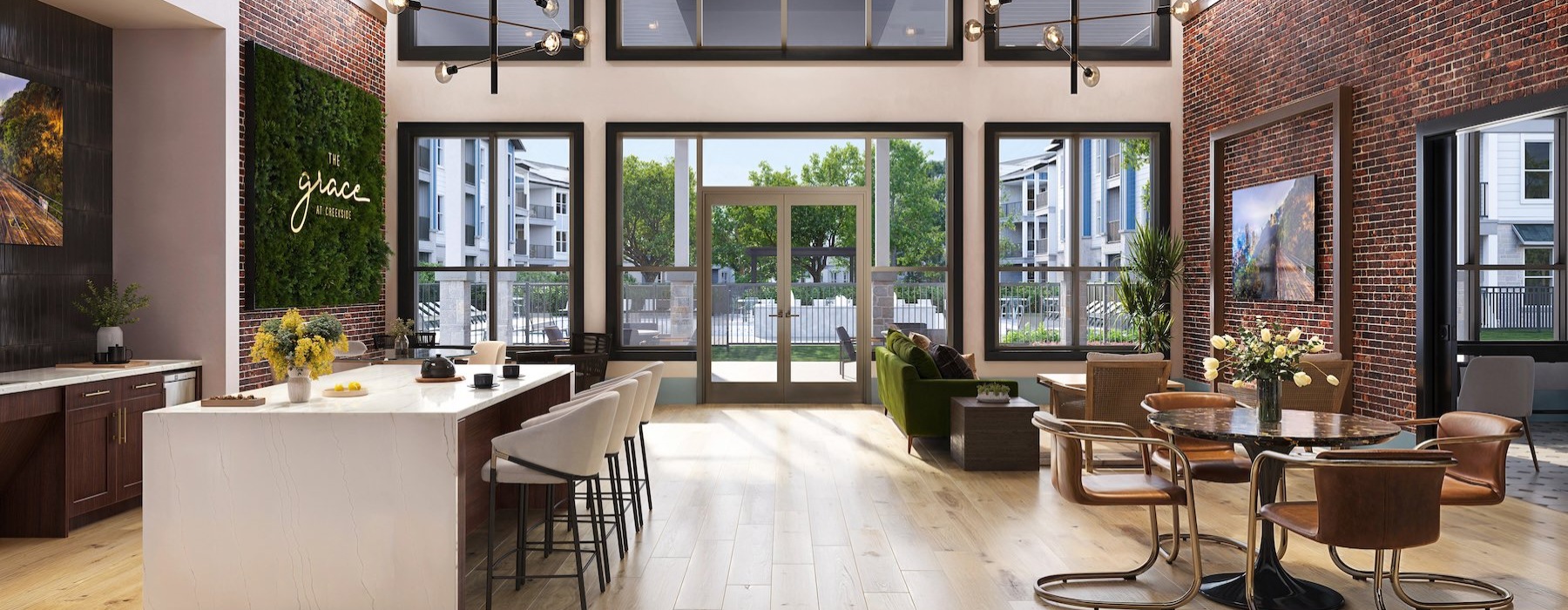 a community kitchen with tables and chairs