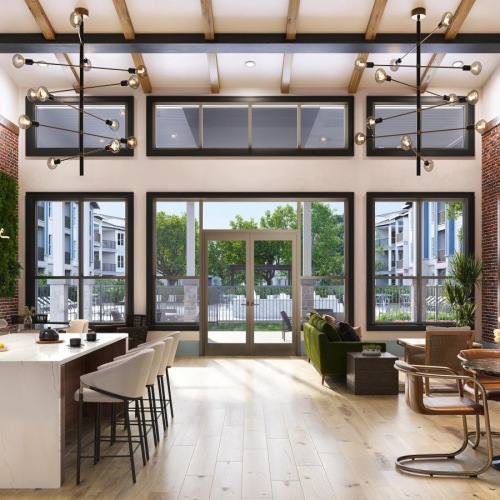 a community kitchen with tables and chairs
