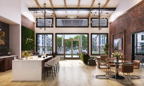 a community kitchen with tables and chairs