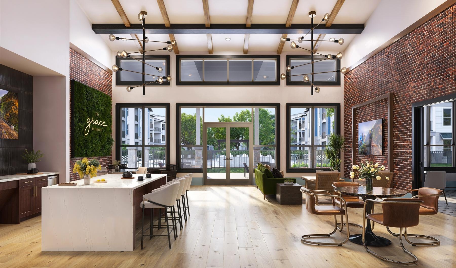 a community kitchen with tables and chairs